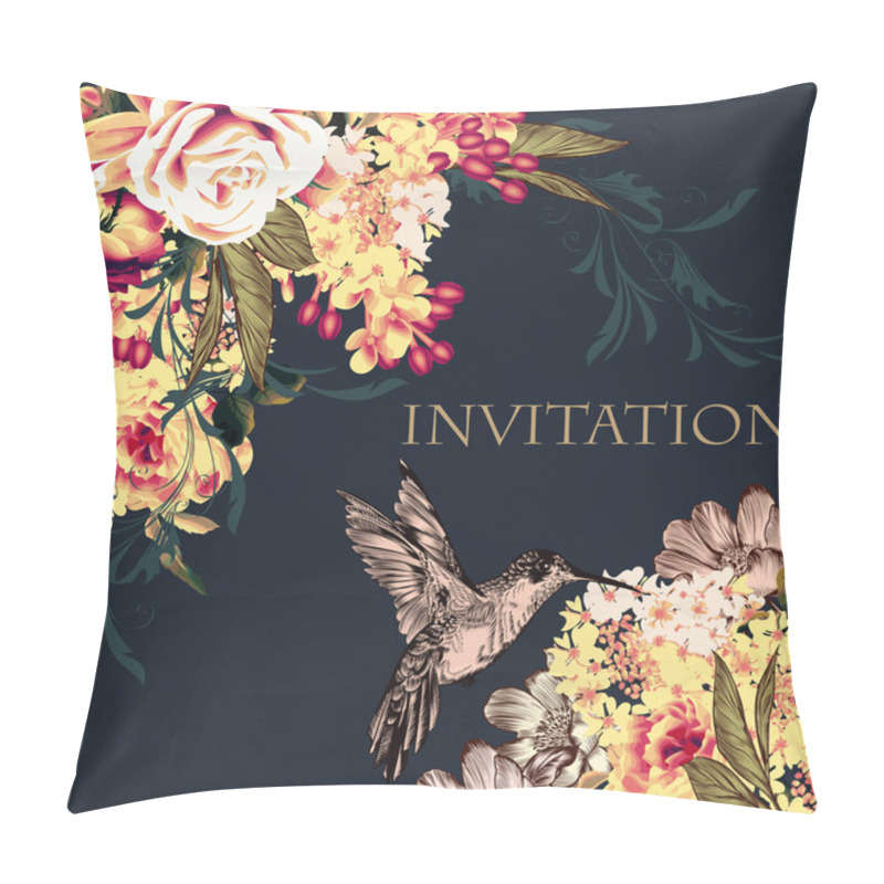 Personality  Beautiful Vector Back With Rose Flowers Hummingbirds Pillow Covers