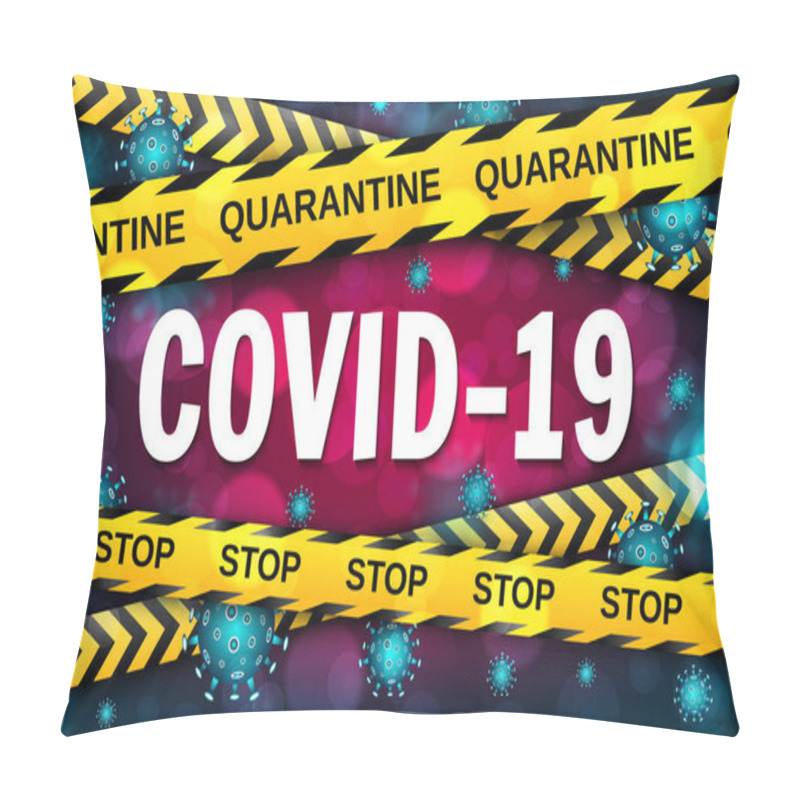 Personality  Coronavirus COVID-19 Outbreak Concept With Warning Yellow And Black Tapes. Coronavirus Danger And Public Health Risk Disease And Flu Outbreak. Pandemic Medical Concept With Dangerous Cells. Vector Illustration Pillow Covers