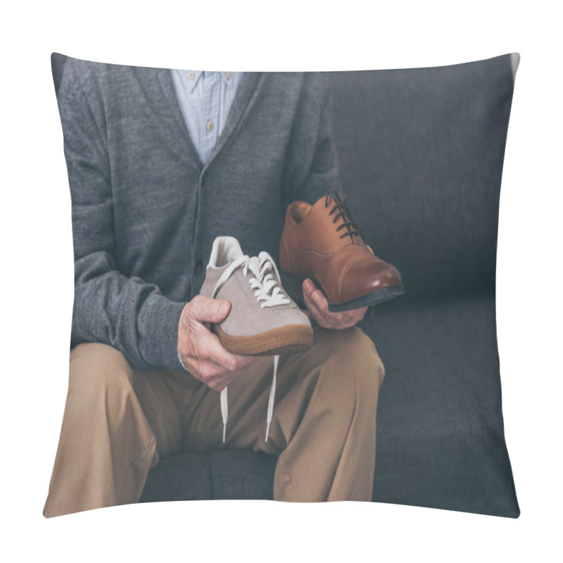 Personality  Cropped View Of Senior Man Holding Classic And Modern Shoes In Hands  Pillow Covers