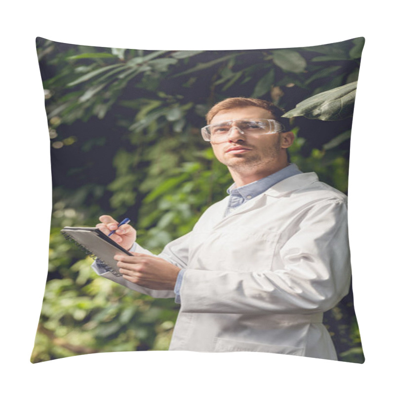 Personality  Scientist In White Coat And Goggles Making Notes In Green Orangery Pillow Covers