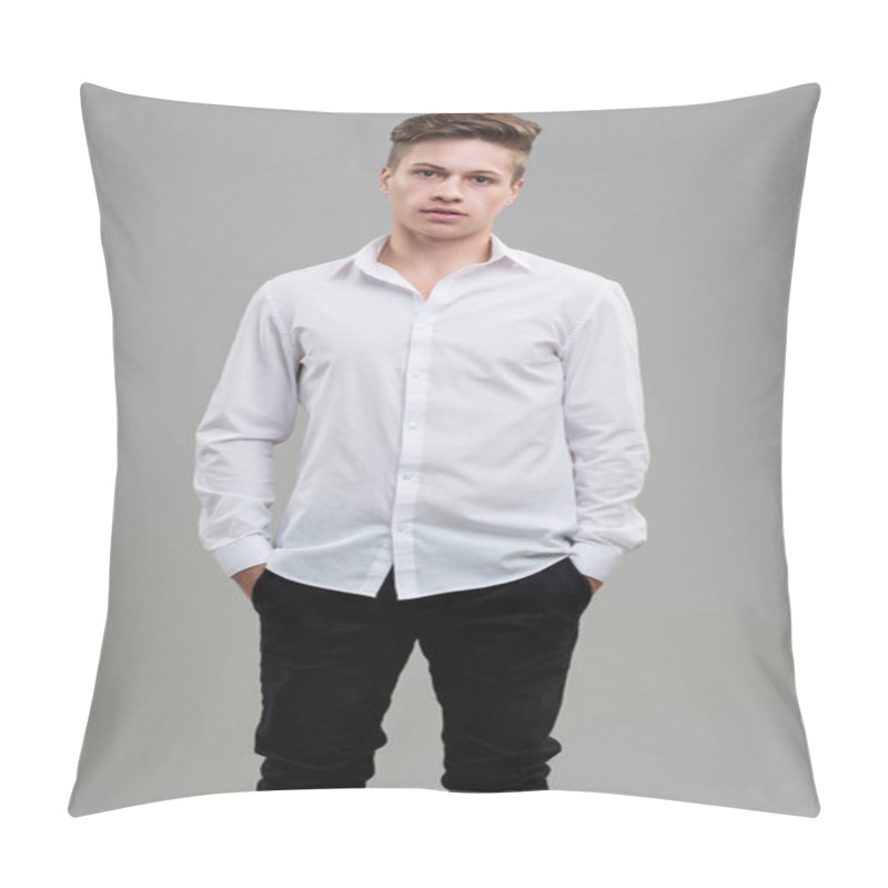 Personality  Smartly Dressed In A White Shirt, His Expression Mixes Casual Ease With A Hint Of Determination Pillow Covers