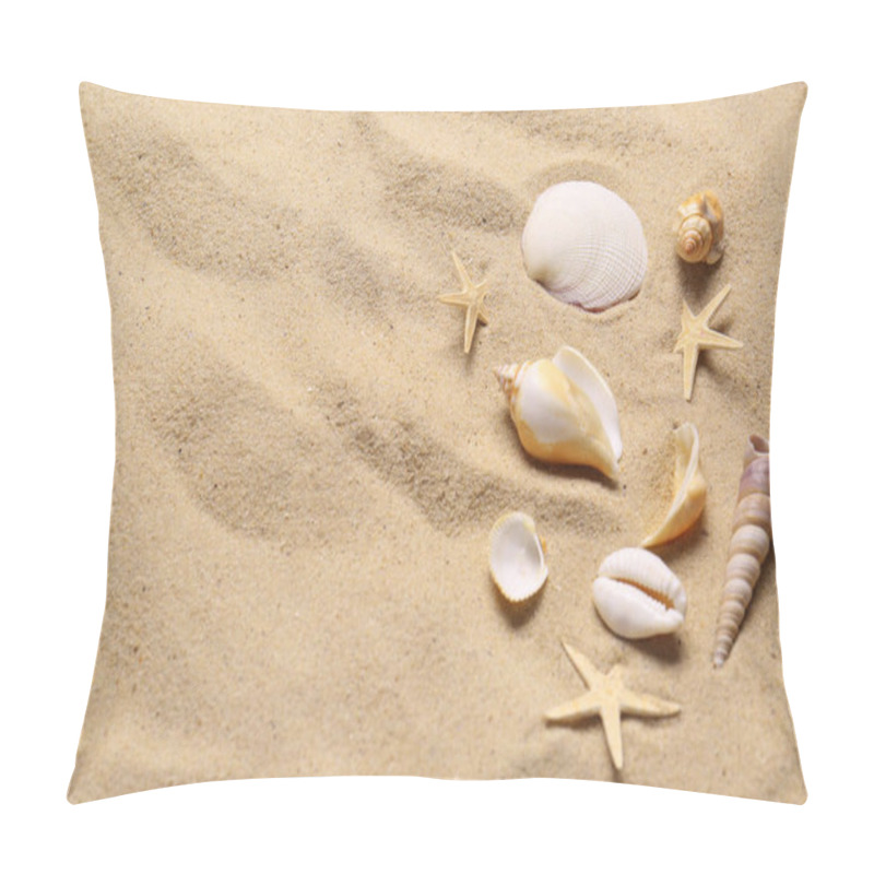 Personality  Beautiful Seashells And Starfishes On Beach Sand, Flat Lay With Space For Text. Summer Vacation Pillow Covers