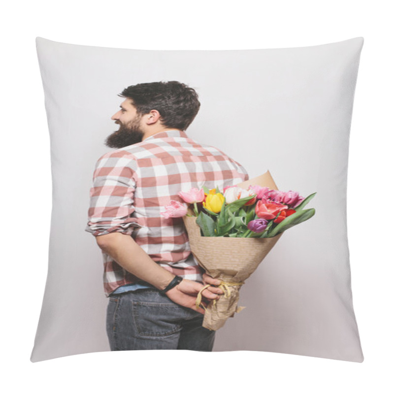 Personality  Back Side Of Handsome Young Man With Beard  And Nice Bouquet Of Flowers Against White Background Pillow Covers