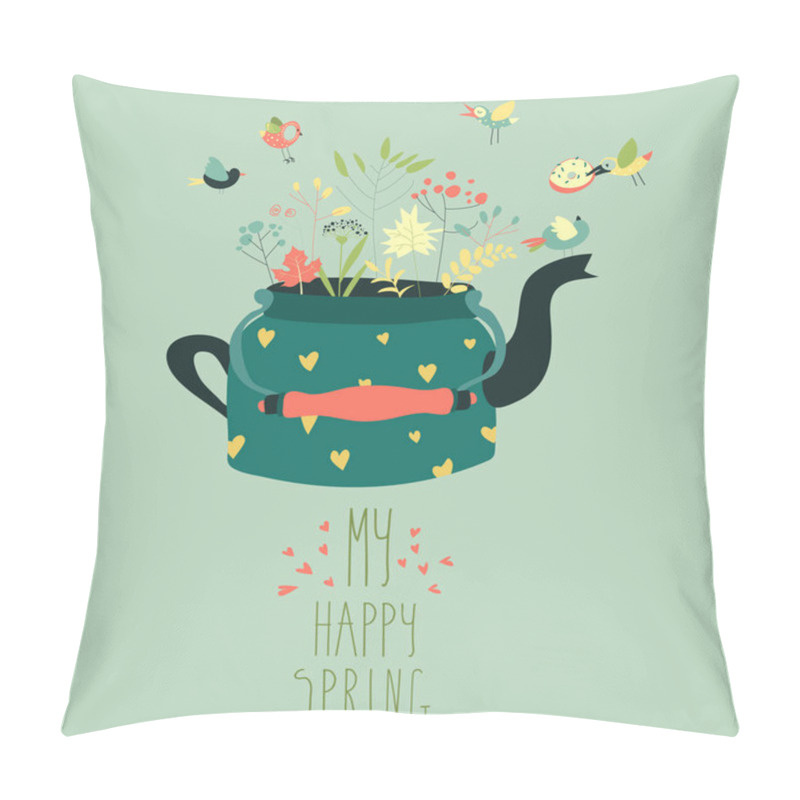 Personality  Cute Teapot With Spring Herbs And Birds Pillow Covers