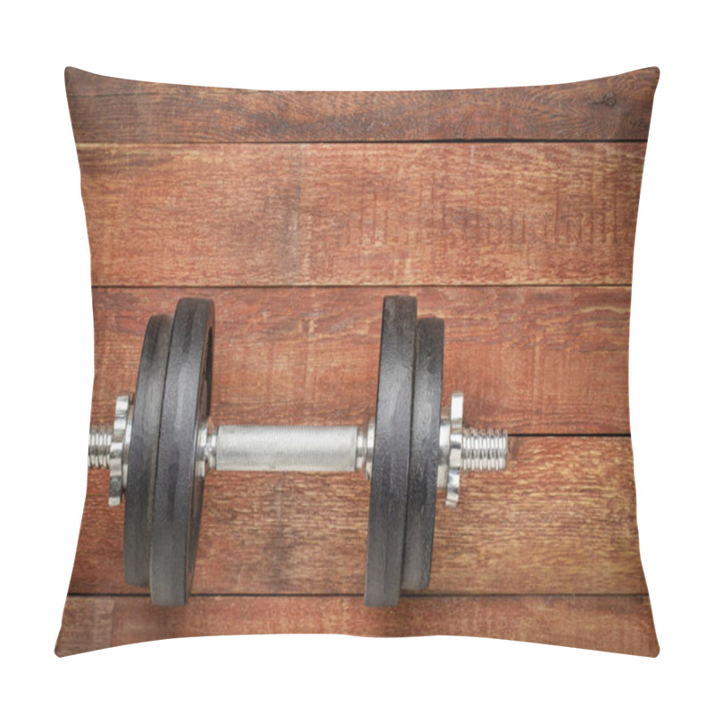 Personality  Heavy Iron Dumbbell On A Rustic Wood Background - Fitness Concept Pillow Covers