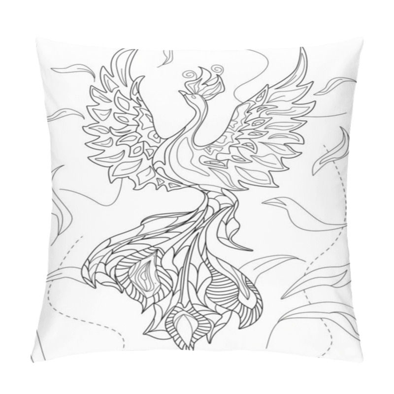 Personality  Abstract Vector Line Drawing Stylized Elegant Phoenix Flowy Feather Background. Digital Lineart Image Animal Decorated Flowers Circular Background Texture. Pillow Covers