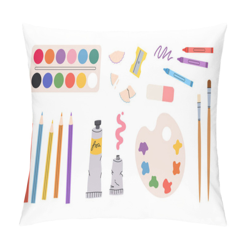 Personality  Painting Tools Elements Vector Set, Cartoon Style. Art Supplies: Paint Tubes, Brushes, Pencil, Watercolor, Palette. Trendy Modern Vector Illustration Isolated On White, Hand Drawn, Flat Design. Pillow Covers