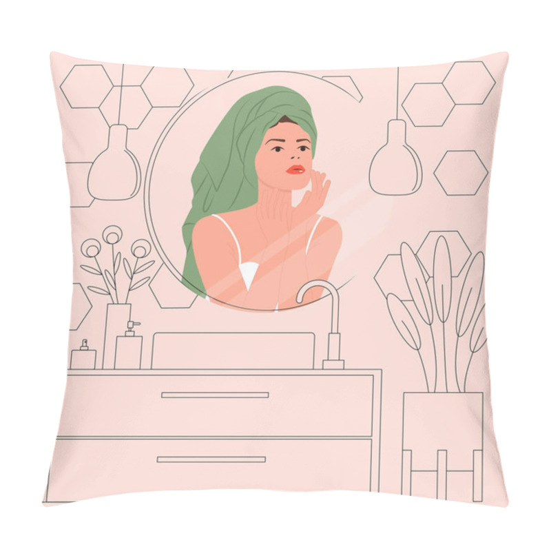 Personality  The Girl With A Towel On Her Head Looks In The Mirror. Bathroom Interior. Vector Illustration Pillow Covers