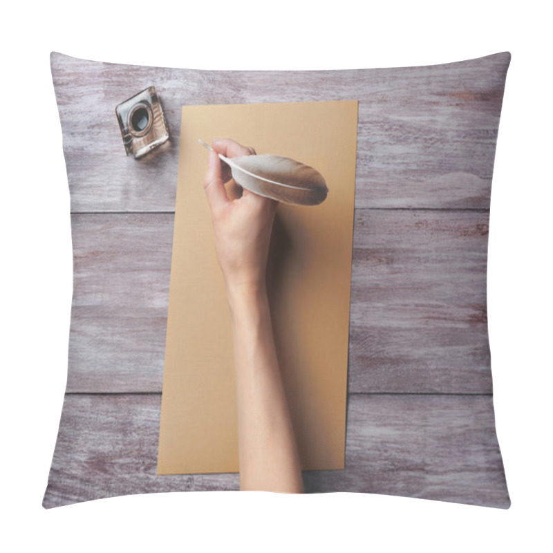 Personality  Female Hand With Feather Writing On Sheet Of Paper Pillow Covers