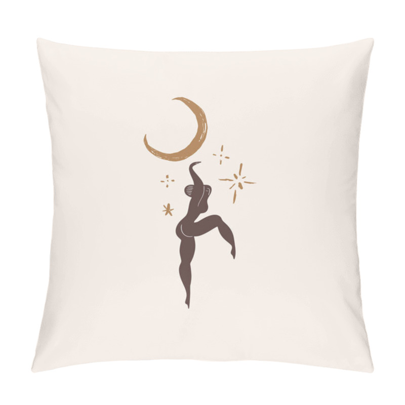 Personality  Silhouette Of Beautiful Young Dancind Witch Silhouette With Moon And Stars. Woman Power, Feminism Print. Girl Freedom Concept. Vector Illustration. Clipart Pillow Covers