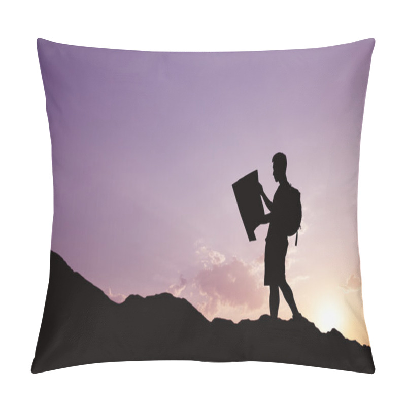 Personality  Silhouette Of Young Man Looking At A Map Pillow Covers