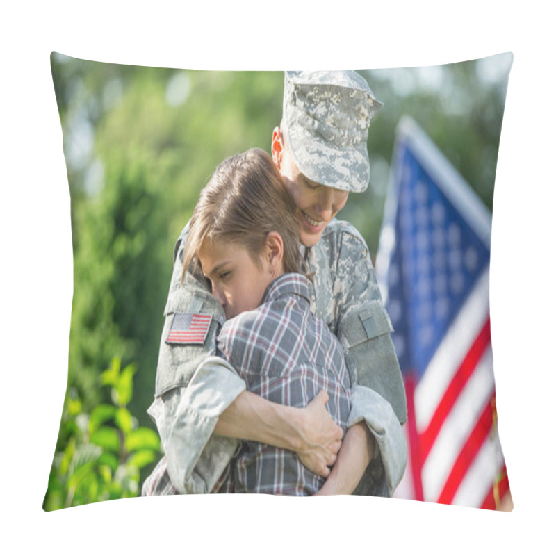 Personality  Happy Reunion Of Female Mother Soldier With Family Son Outdoors Pillow Covers