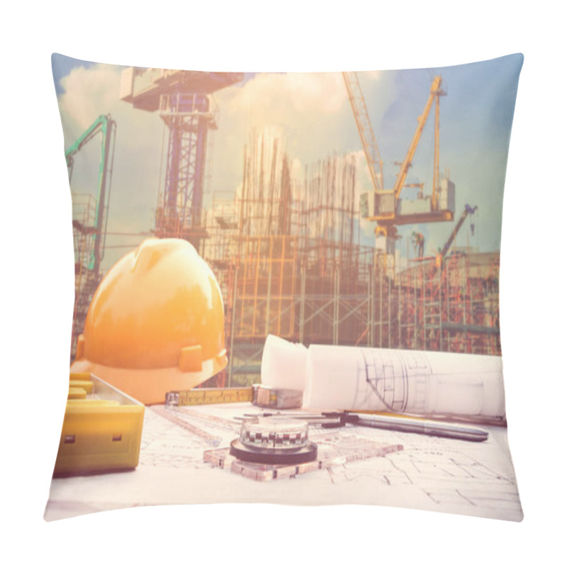 Personality  Tools On Architect Blueprints With Construction Pillow Covers