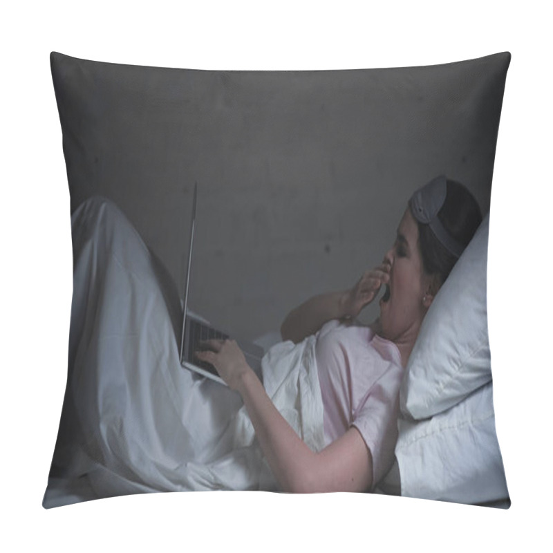 Personality  Tired Freelancer In Eye Mask Using Laptop And Yawning In Bed At Night Pillow Covers