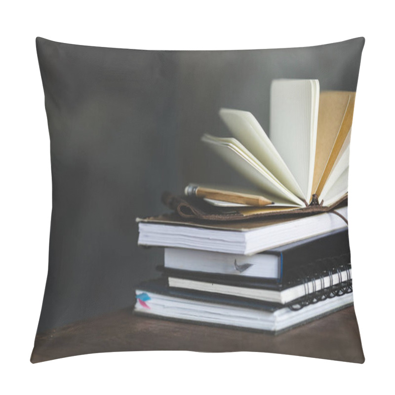 Personality  Stack Of Books And Diaries On Dark Grey With Copy Space Pillow Covers