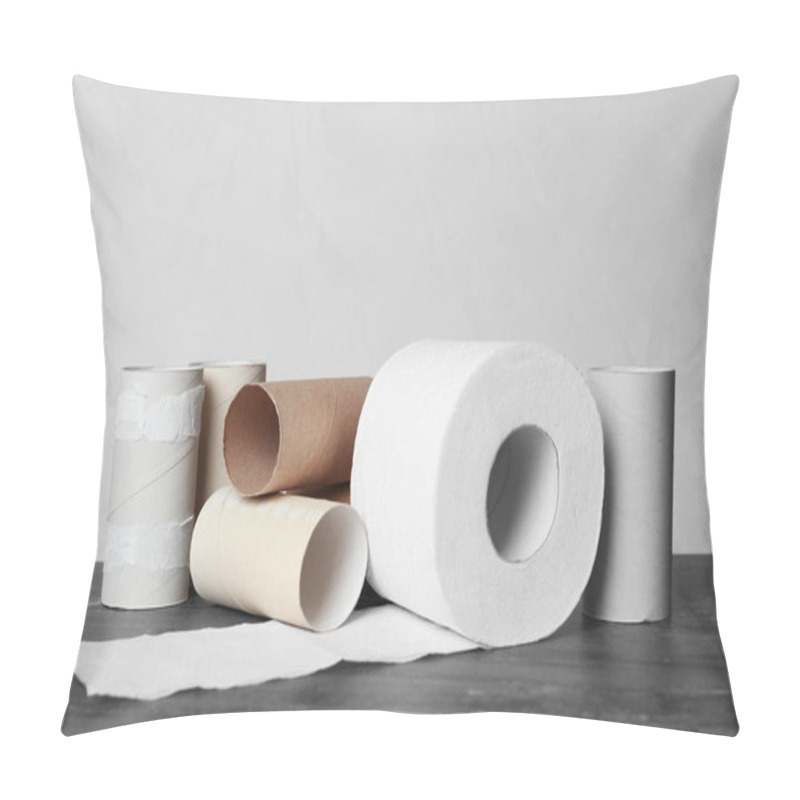 Personality  Full And Empty Toilet Paper Rolls On Table Against Grey Background Pillow Covers