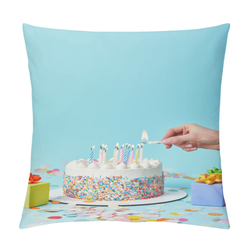 Personality  Partial View Of Woman Lighting Birthday Cake On Blue Background With Gifts And Confetti Pillow Covers