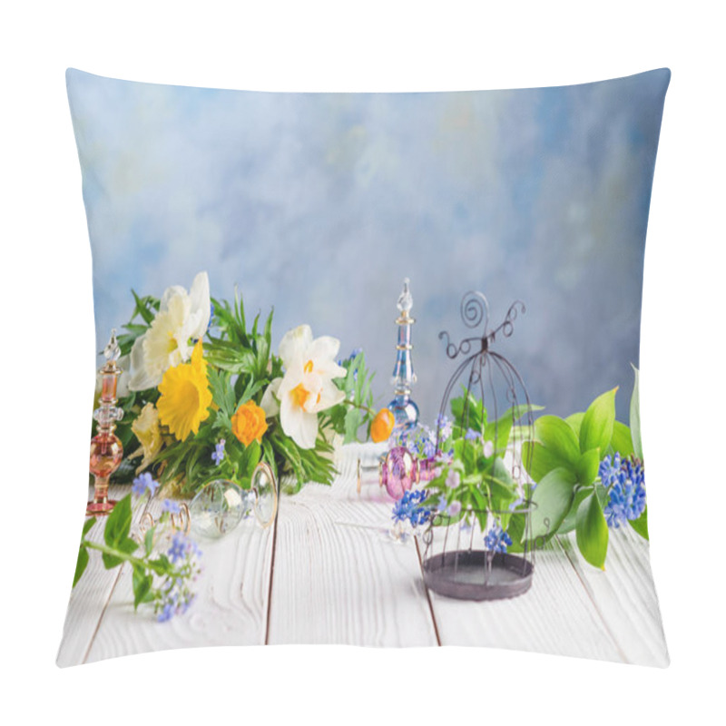 Personality  Flowers And Perfume Bottles On Wooden Table Pillow Covers