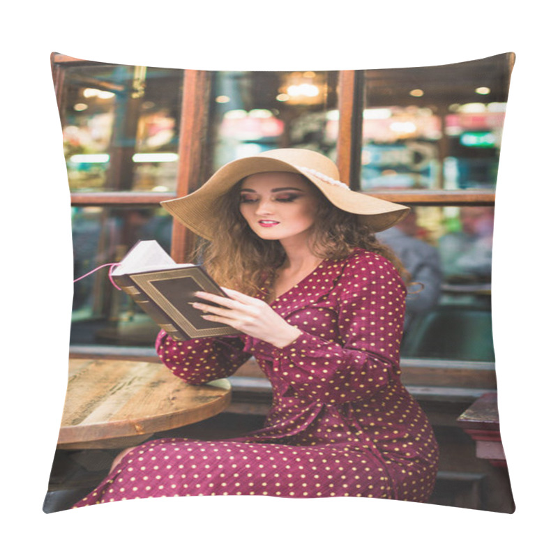 Personality  Stylish Woman In A Hat And Polka Dot Dress. Sit. Reading A Book. Beauty. Polka Dot Dress. Burgundy In Polka Dots. Background Vintage Restaurant. Pillow Covers