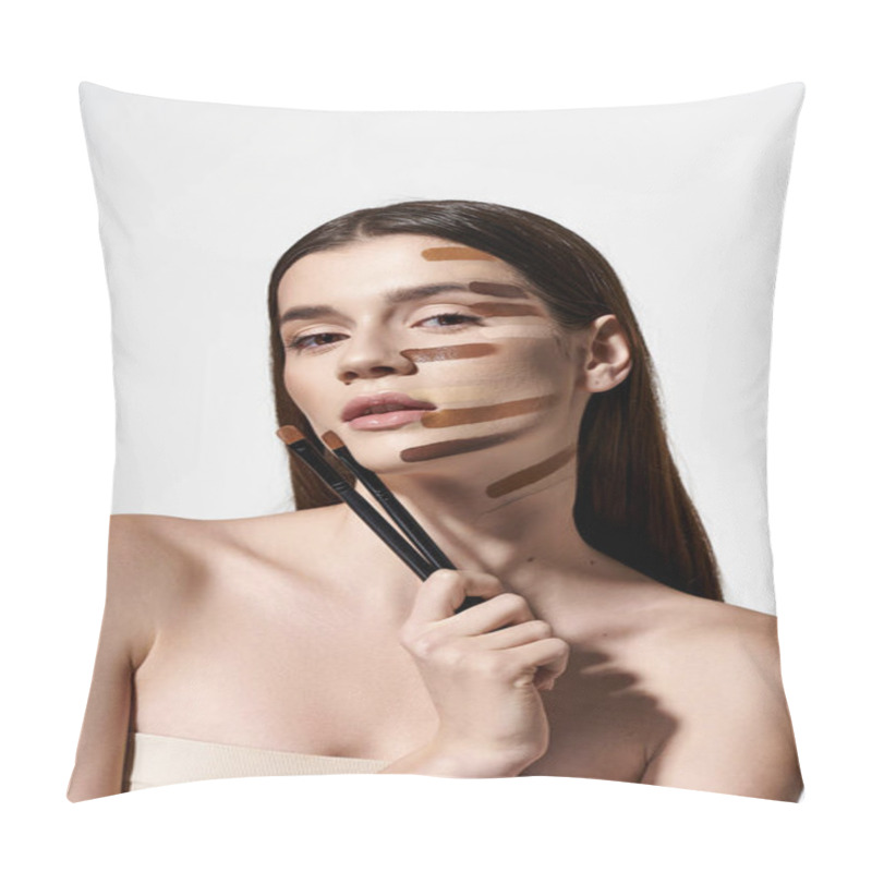 Personality  A Young Woman With Various Makeup Brushes On Her Face, Creating A Creative And Artistic Look With Foundation. Pillow Covers