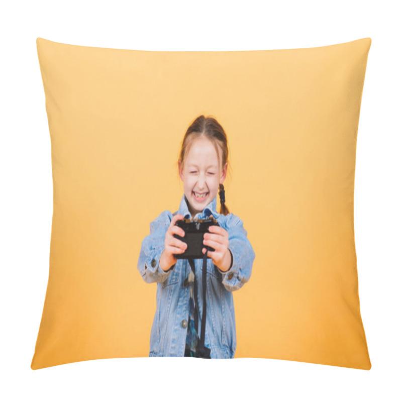 Personality  Child With Camera. Little Girl Photographing In Studio Pillow Covers