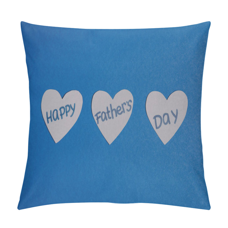 Personality  Top View Of Grey Paper Crafted Hearts With Lettering Happy Fathers Day On Blue Background Pillow Covers