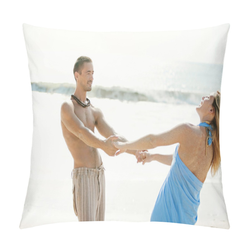 Personality  Young Couple Being Playful On A Beach Shore While On Honeymoon. Pillow Covers