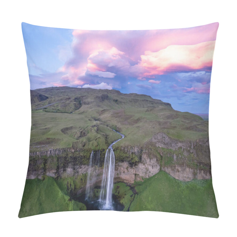 Personality  Aerial View Of Serene Seljalandsfoss Waterfall Cascades Over Lush Greenery, Surrounded By Dramatic Cliffs Under A Breathtakingly Vibrant Sunset Sky In Area Of Golden Circle In Iceland Pillow Covers