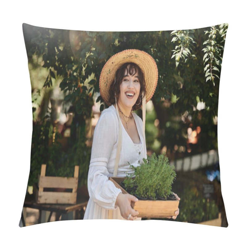 Personality  A Young Woman In A White Dress And Straw Hat Smiles Brightly While Carrying A Tray Of Fresh Herbs In A Lush Summer Garden. Pillow Covers