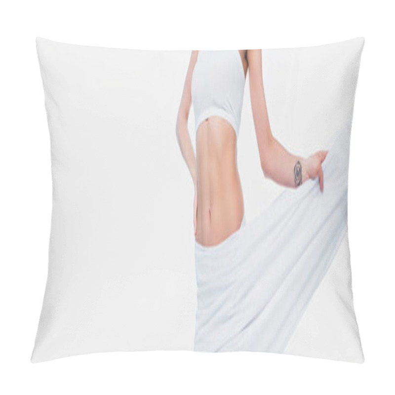 Personality  Cropped View Of Woman In Bra Holding Cloth Isolated On White, Banner  Pillow Covers