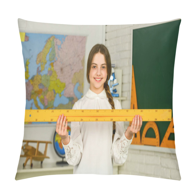 Personality  Favorite School Subject. Education And School Concept. Student Learning Geometry. Kid School Uniform. Extend Learning Beyond Bell. Cute Girl With Rulers. STEM Concept. Draw Geometric Figures Pillow Covers