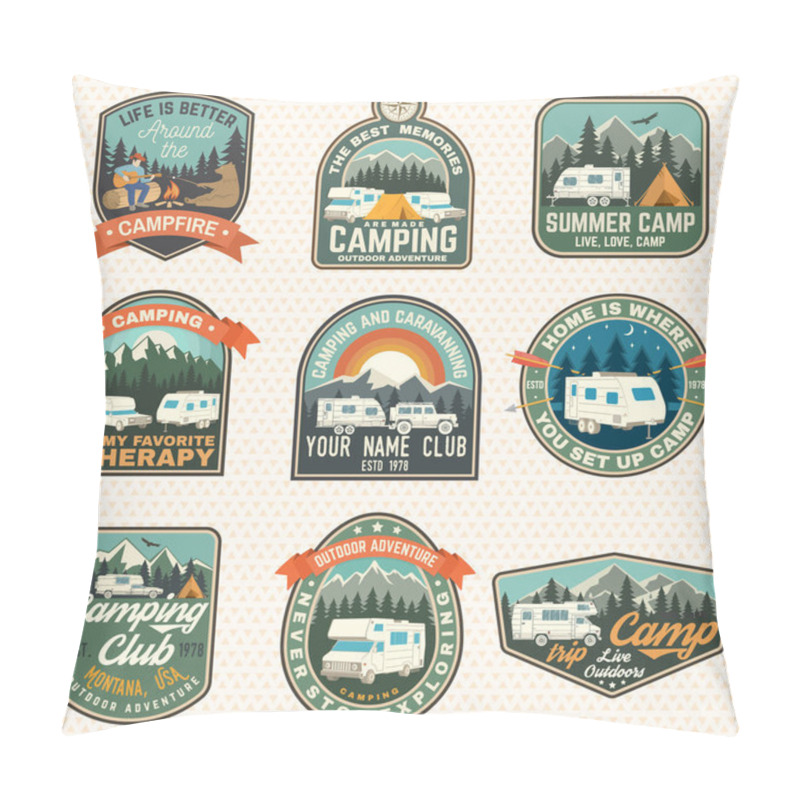 Personality  Set Of Rv Camping Badges, Patches. Vector. Concept For Shirt Or Logo, Print, Stamp Or Tee. Vintage Typography Design With RV Motorhome, Camping Trailer Silhouette. Pillow Covers