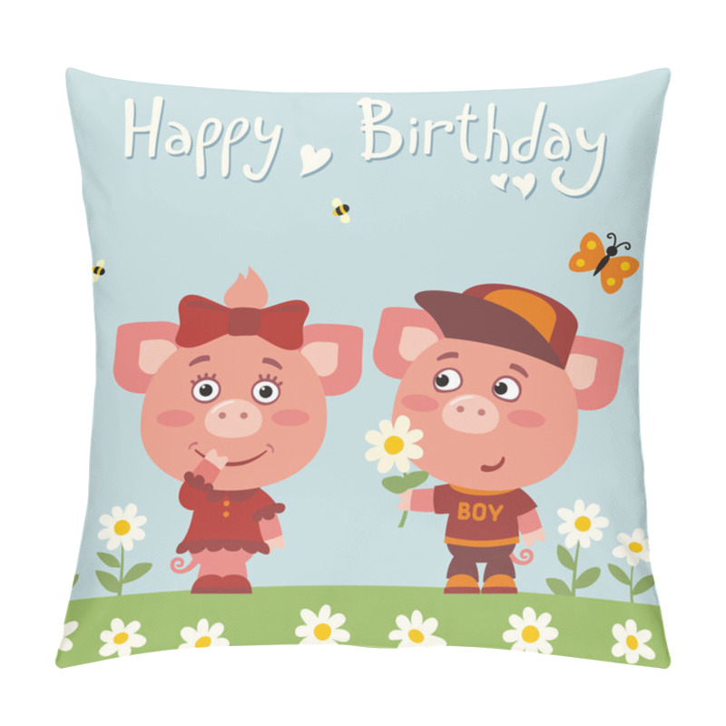 Personality  Greeting Card With Cute Funny Cartoon Characters Of Funny Pig Boy Giving Flower To Pig Girl On Meadow And Text Happy Birthday Pillow Covers