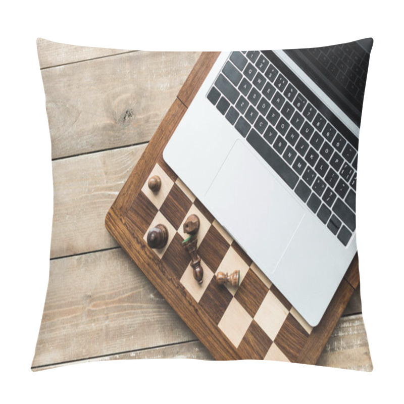 Personality  Top View Of Chess Board, Laptop And Chess Pieces On Rustic Wooden Surface Pillow Covers