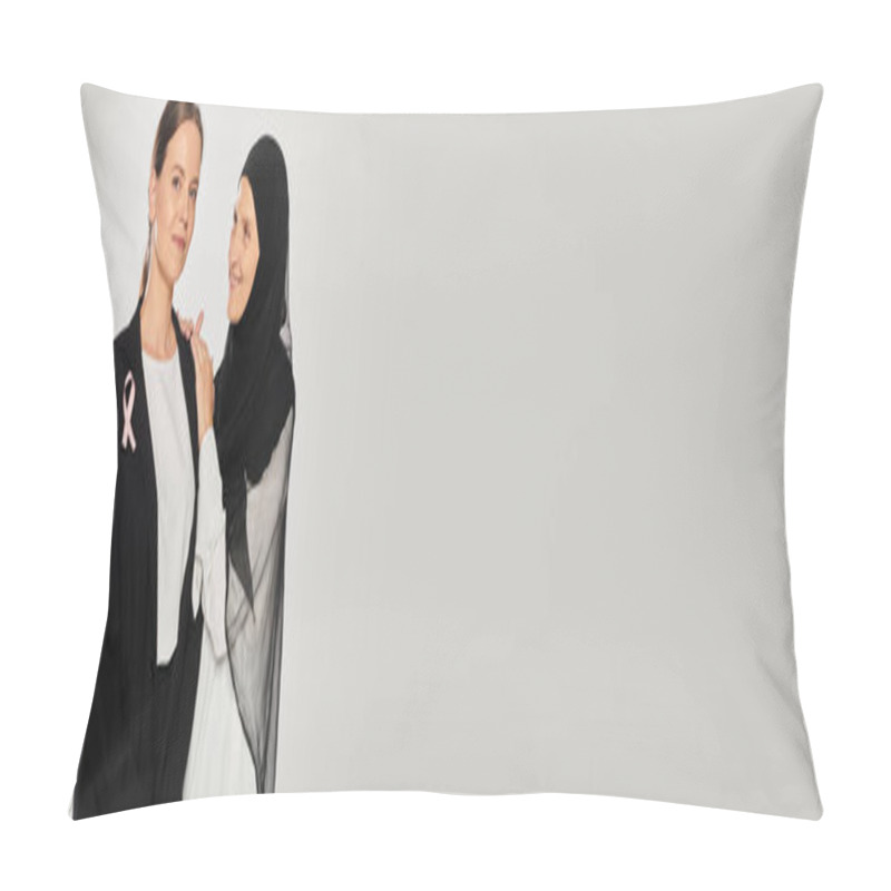 Personality  Happy Woman In Hijab Hugging Businesswoman With Pink Ribbon Isolated On Grey, Breast Cancer, Banner Pillow Covers