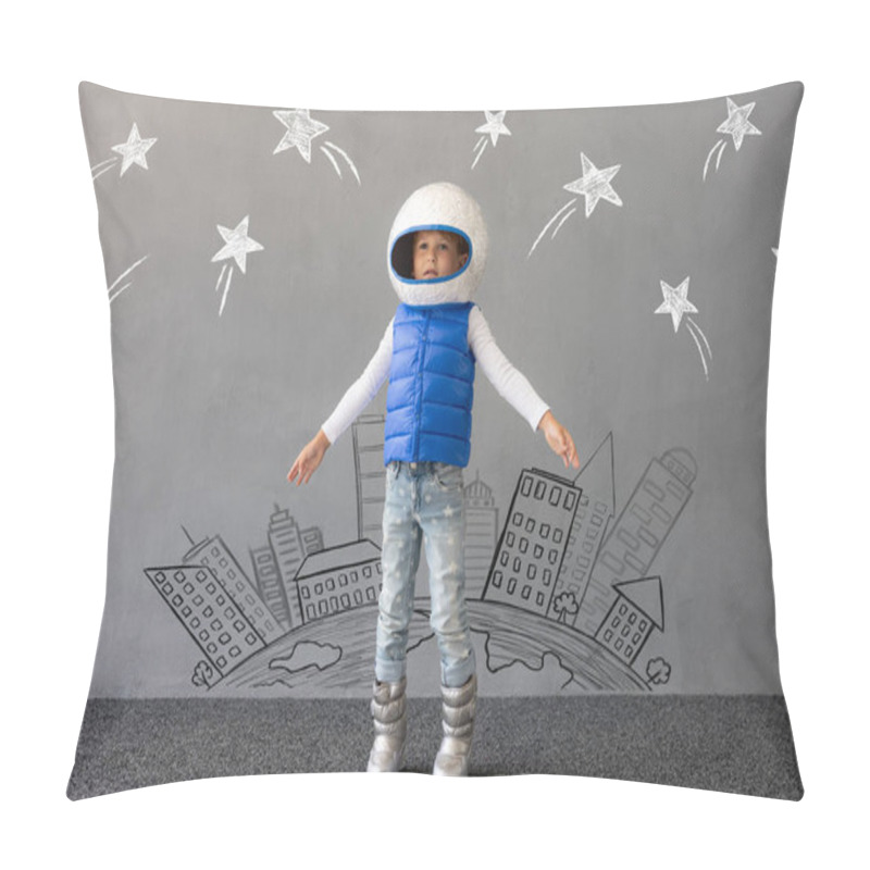 Personality  Happy Child Playing With Toy Rocket Against Concrete Wall Background. Kid Pretend To Be Astronaut. Imagination And Children Dream Concept Pillow Covers