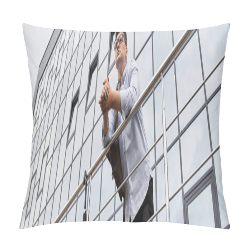 Personality  The Young Man Stands On A Balcony, Looking Thoughtfully At The City Skyline. Pillow Covers