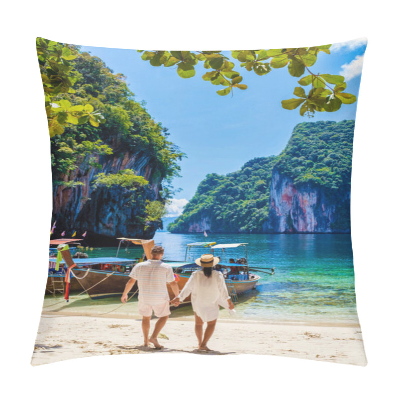 Personality  Men And Women At The Tropical Lagoon Of Koh Loa Lading Krabi Thailand Part Of The Koh Hong Islands In Thailand. Beautiful Beach With Limestone Cliffs And Longtail Boats On A Sunny Day Pillow Covers