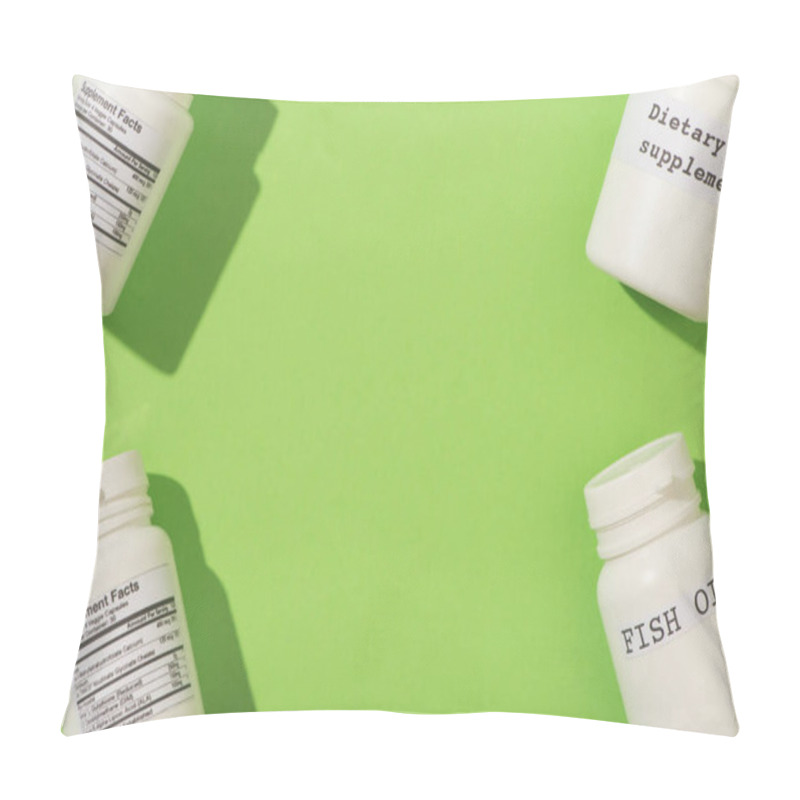 Personality  Top View Of Containers With Fish Oil And Dietary Supplements Lettering On Green Background Pillow Covers