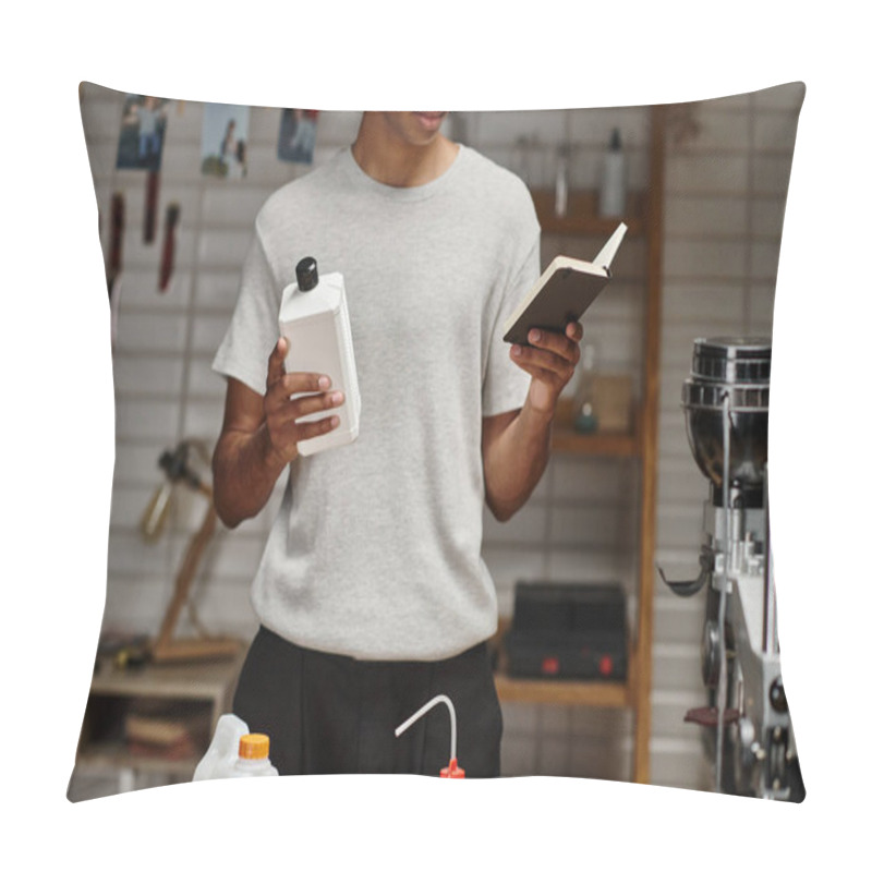 Personality  Cropped African American Photographer Holding Chemical Solution With Notebook, Film Development Pillow Covers