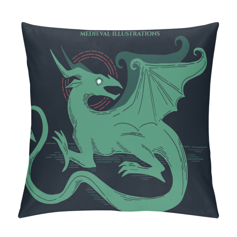 Personality  Illustration In Medieval Gravure Style, Dragon, Fantasy Illustration Pillow Covers