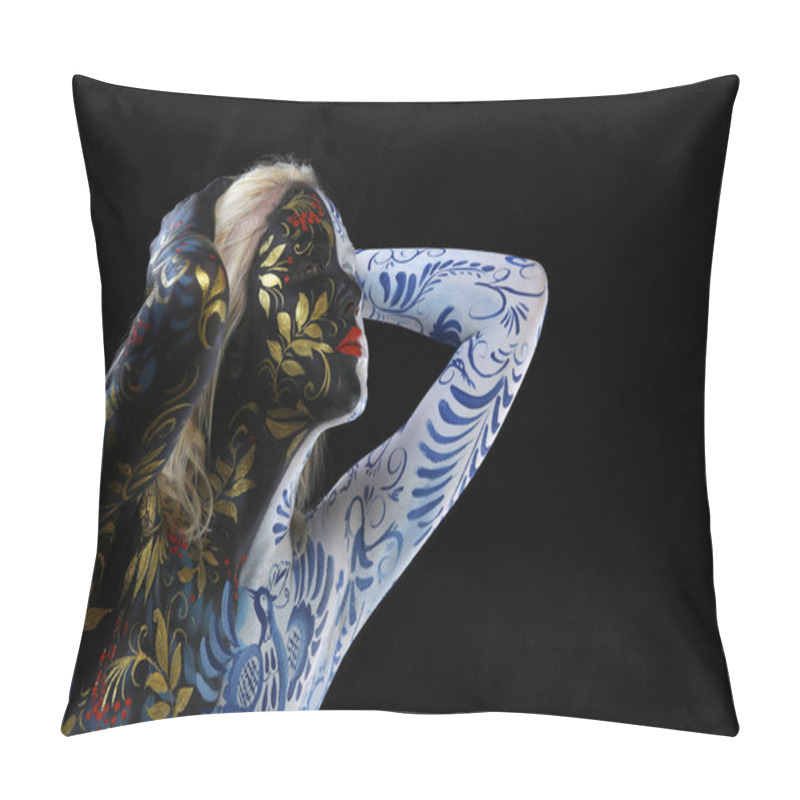 Personality  Body Art Portrait Of A Girl In The Style Of Khokhloma And Gzhel On A Black Background Studio Pillow Covers