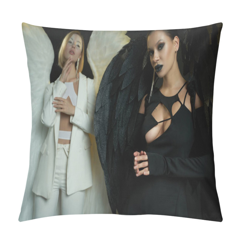 Personality  Demonic Woman Looking At Camera Near Angel On Black Backdrop, Women In Costumes Of Winged Creatures Pillow Covers