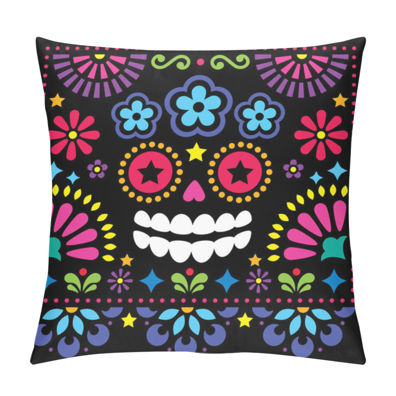 Personality  Mexican Folk Art Vector Folk Art Design With Sugar Skull And Flowers, Colorful Halloween And Day Of The Dead Greeting Card On Black   Pillow Covers