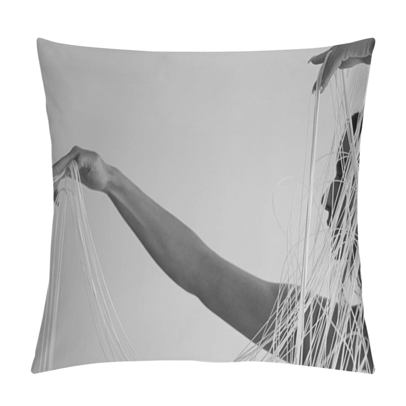 Personality  Black And White Image Of The Profile Of A Young Attractive Woman With Uncovered Shoulders Decoratively Pulling The White Threads Of A String Curtain With Hands, Isolated, Copy Space, Space For Text Pillow Covers