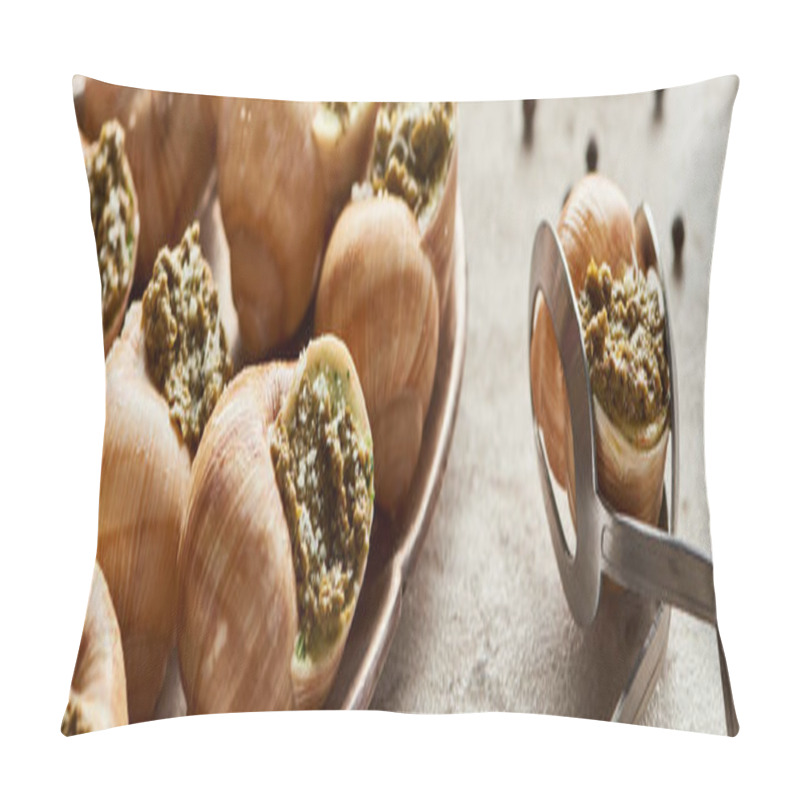 Personality  Close Up View Of Delicious Cooked Escargots With Black Peppercorn And Tweezers On Stone Background, Panoramic Shot Pillow Covers