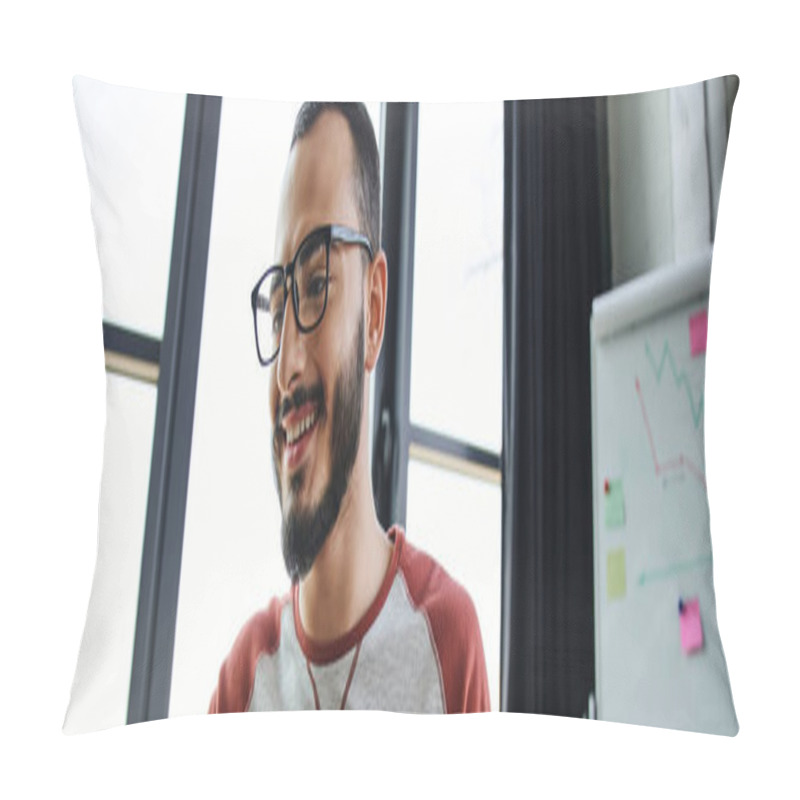 Personality  Portrait Of Young And Happy Bearded Manager In Eyeglasses Working In Modern Office Near Flip Chart With Business Analytics On Blurred Background, Business Lifestyle, Banner Pillow Covers