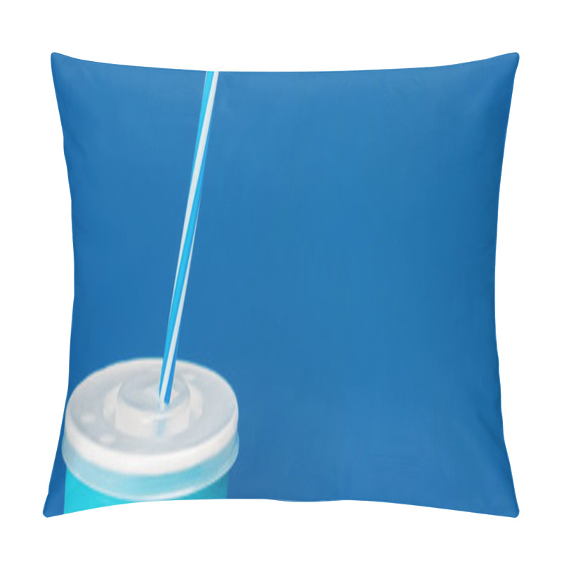 Personality  Panoramic Shot Of Paper Cup With Soda Isolated On Blue Pillow Covers