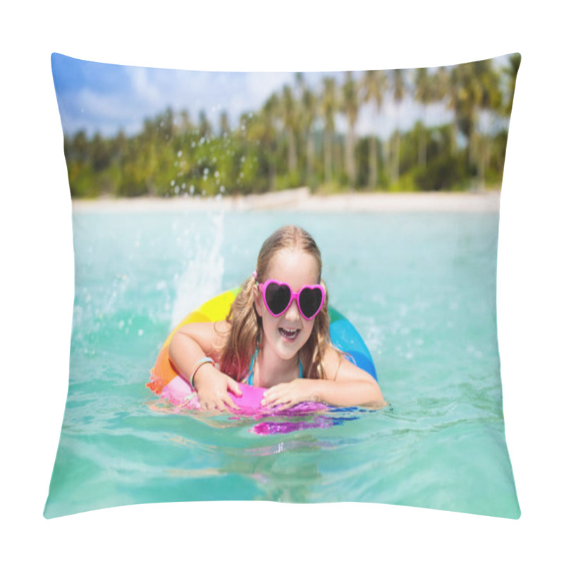 Personality  Child With Inflatable Ring On Beautiful Beach. Little Girl Swimming In Exotic Sea. Ocean Vacation With Kid. Children Play On Summer Beach. Water Fun. Kids Swim. Family Holiday On Tropical Island. Pillow Covers