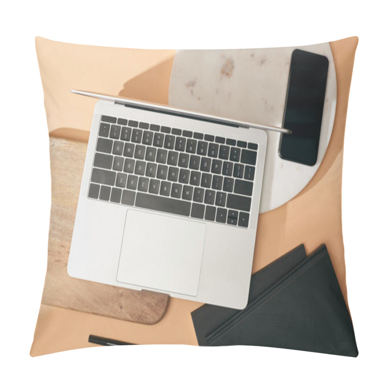 Personality  Top View Of Laptop On Wooden And Marble Boards, Smartphone, Notebooks And Pens On Beige Background Pillow Covers